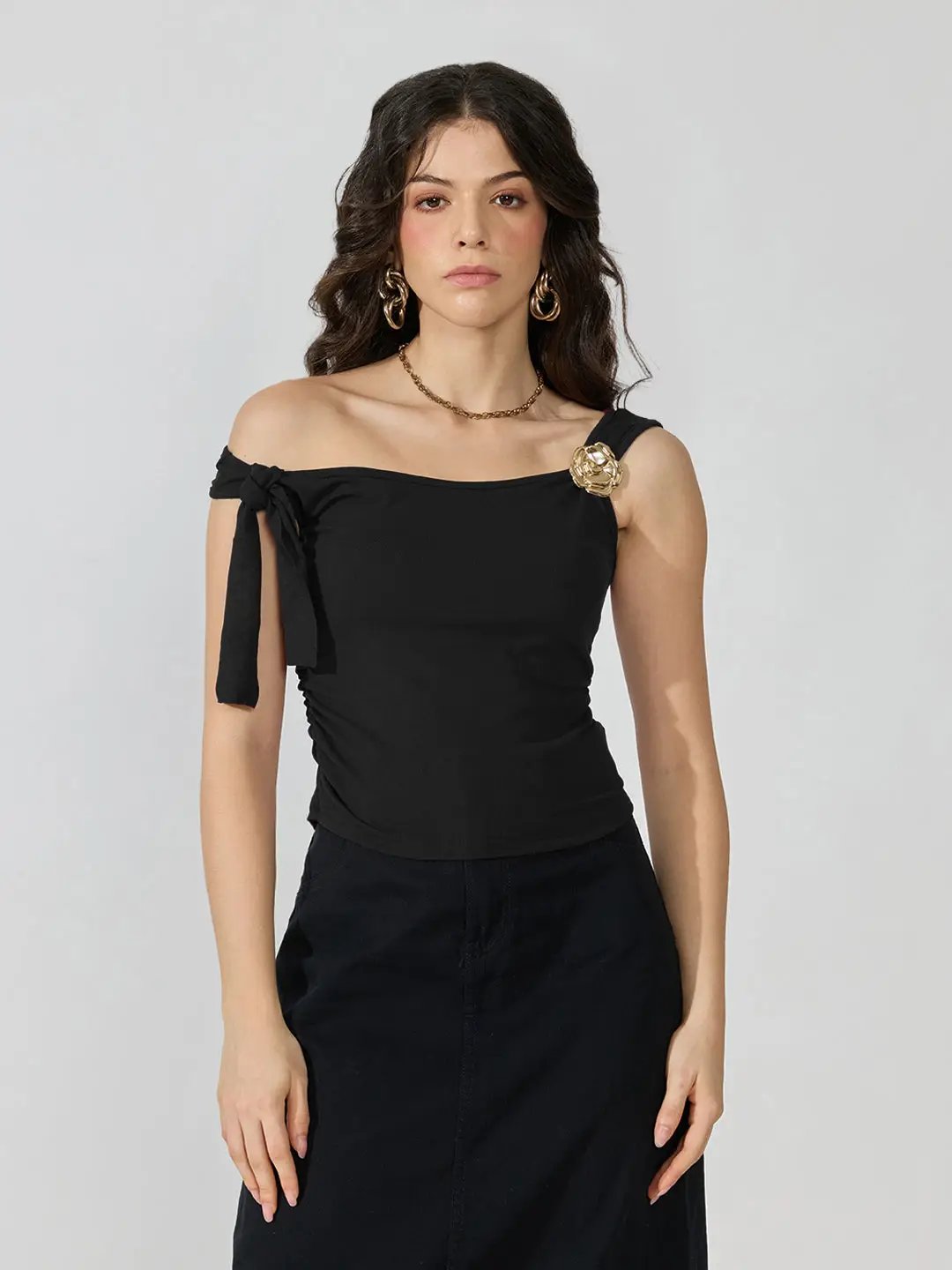 Women's Black Ruched Top with Tie-Up Sleeve & Floral Brooch Detail - from SHOWOFFFF