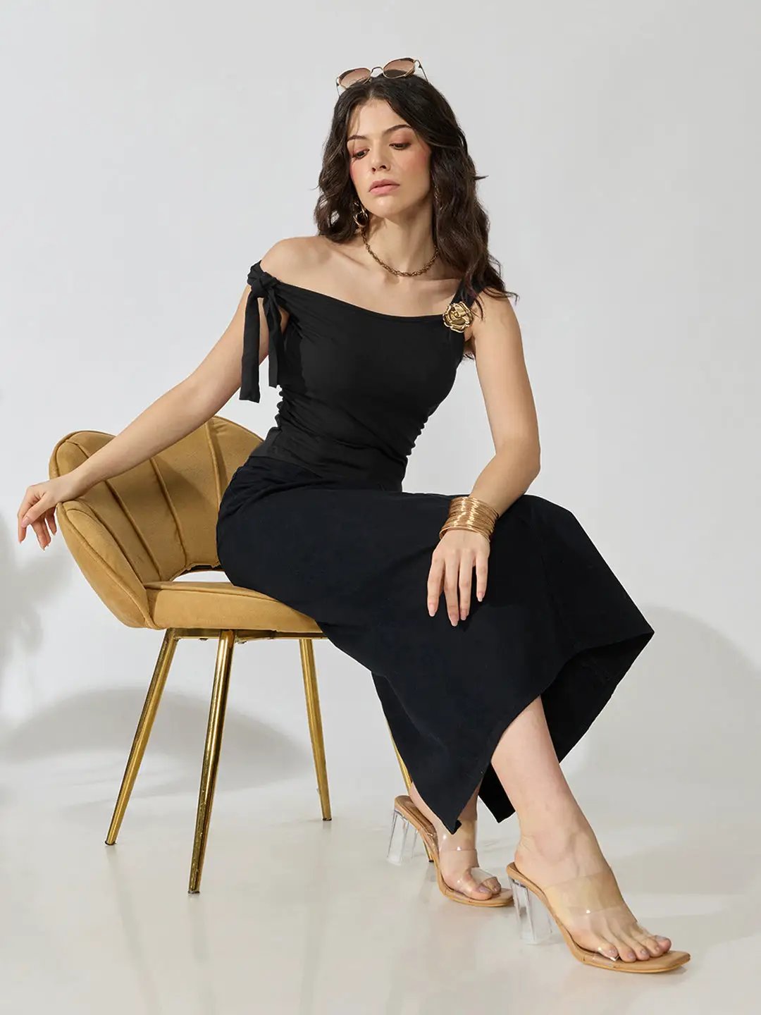 Women's Black Ruched Top with Tie-Up Sleeve & Floral Brooch Detail - from SHOWOFFFF