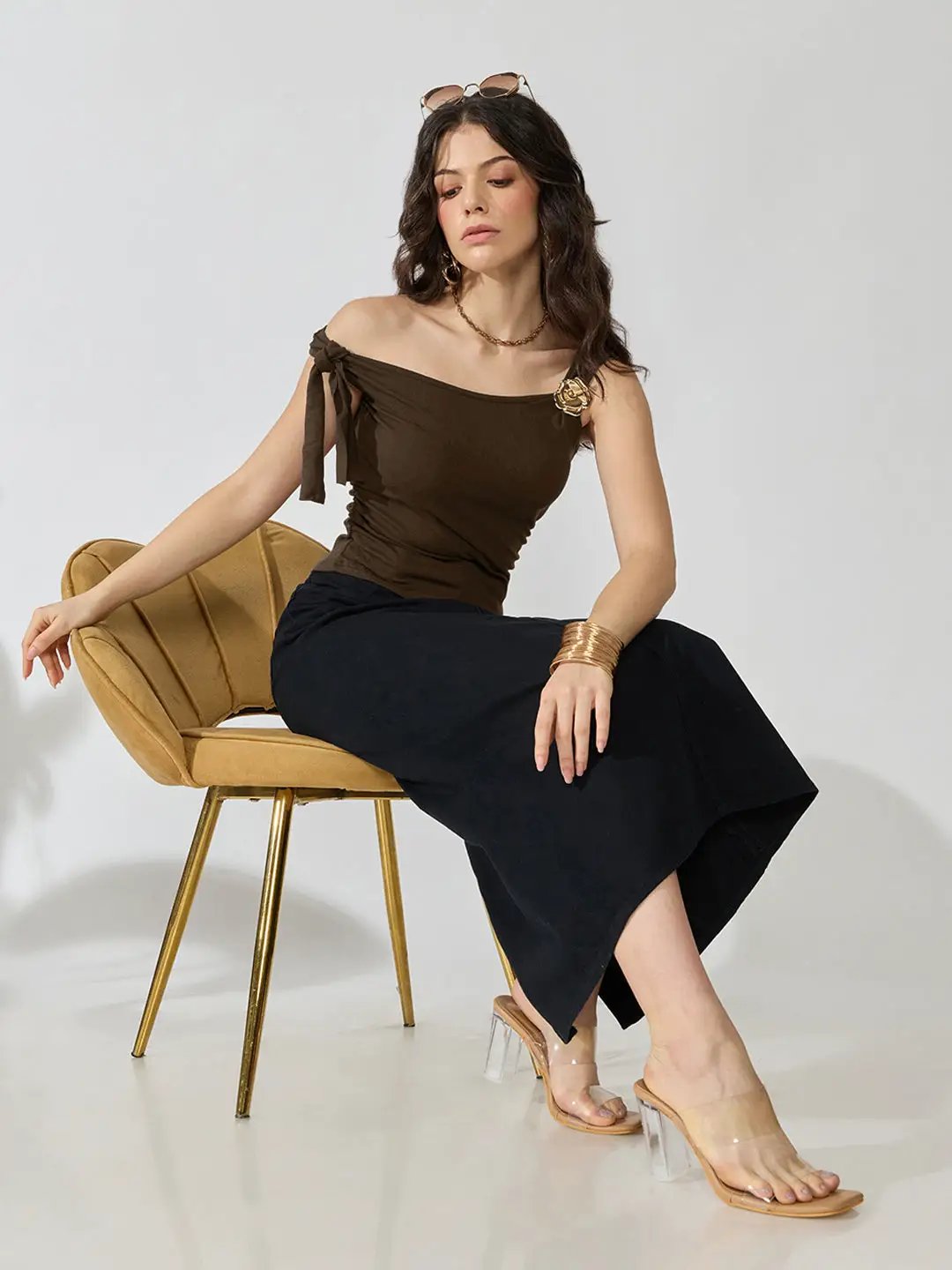 Women's Brown Ruched Top with Tie-Up Sleeve & Floral Brooch Detail - from SHOWOFFFF
