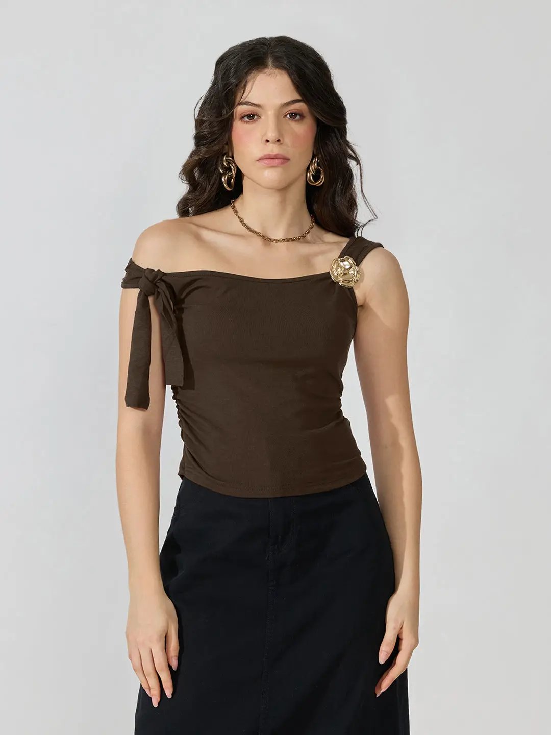Women's Brown Ruched Top with Tie-Up Sleeve & Floral Brooch Detail - from SHOWOFFFF