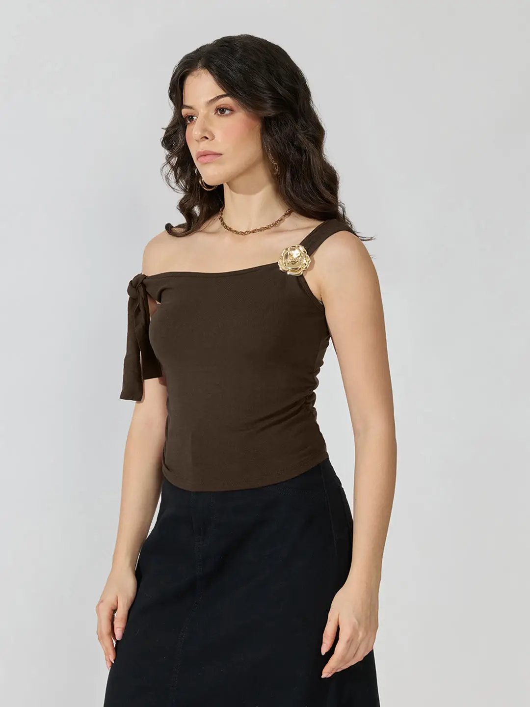 Women's Brown Ruched Top with Tie-Up Sleeve & Floral Brooch Detail - from SHOWOFFFF