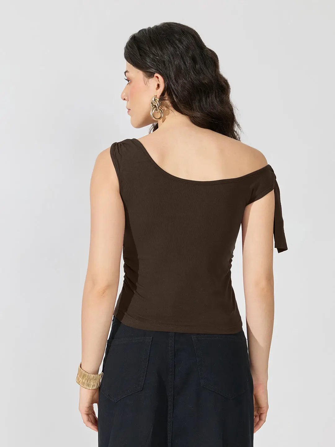 Women's Brown Ruched Top with Tie-Up Sleeve & Floral Brooch Detail - from SHOWOFFFF