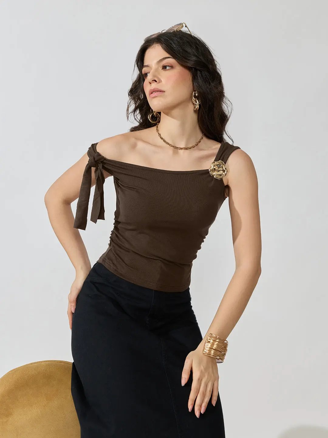 Women's Brown Ruched Top with Tie-Up Sleeve & Floral Brooch Detail - from SHOWOFFFF