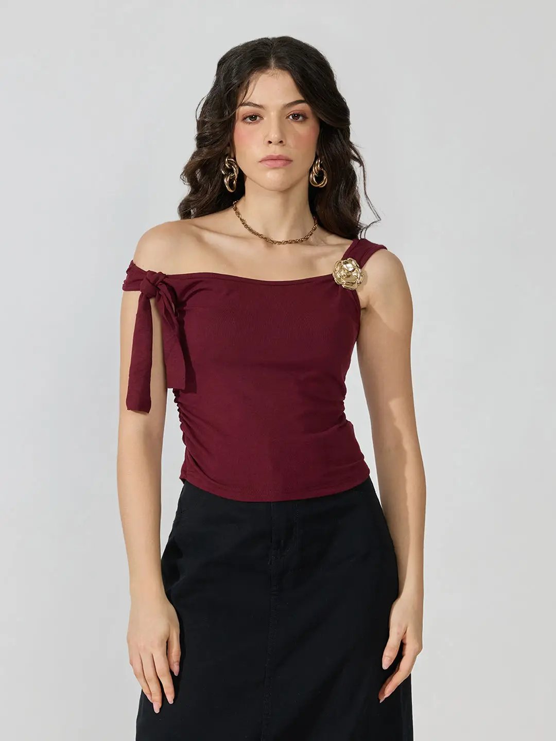 Women's Maroon Ruched Top with Tie-Up Sleeve & Floral Brooch Detail