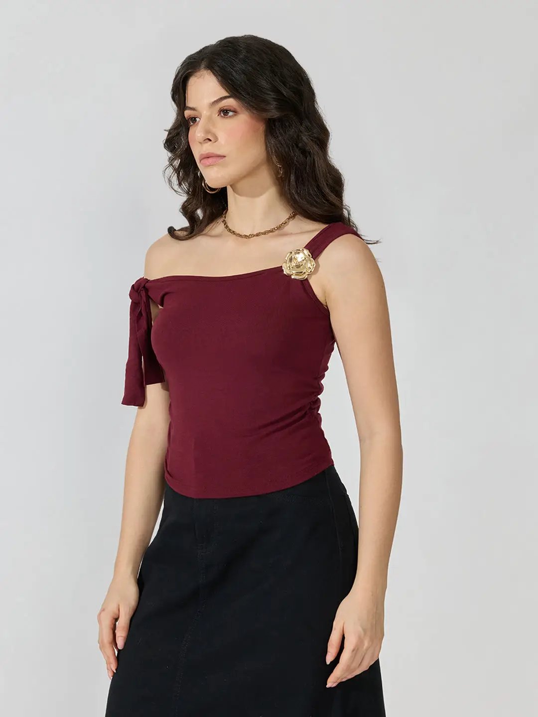 Women's Maroon Ruched Top with Tie-Up Sleeve & Floral Brooch Detail