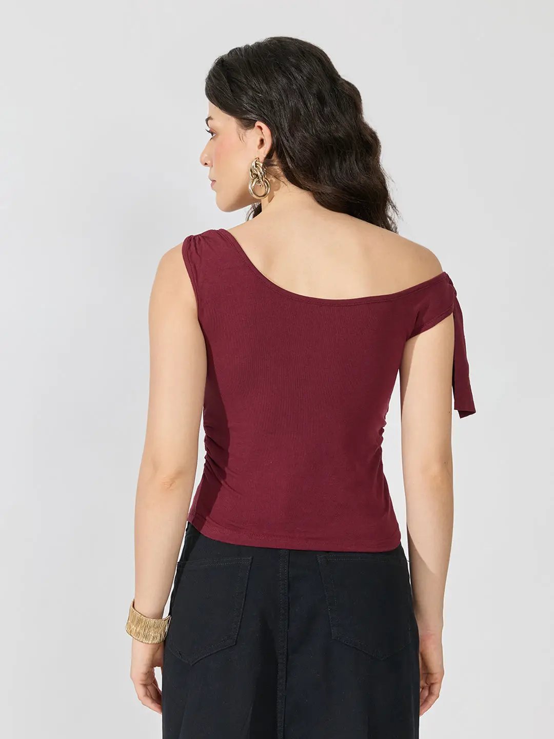Women's Maroon Ruched Top with Tie-Up Sleeve & Floral Brooch Detail