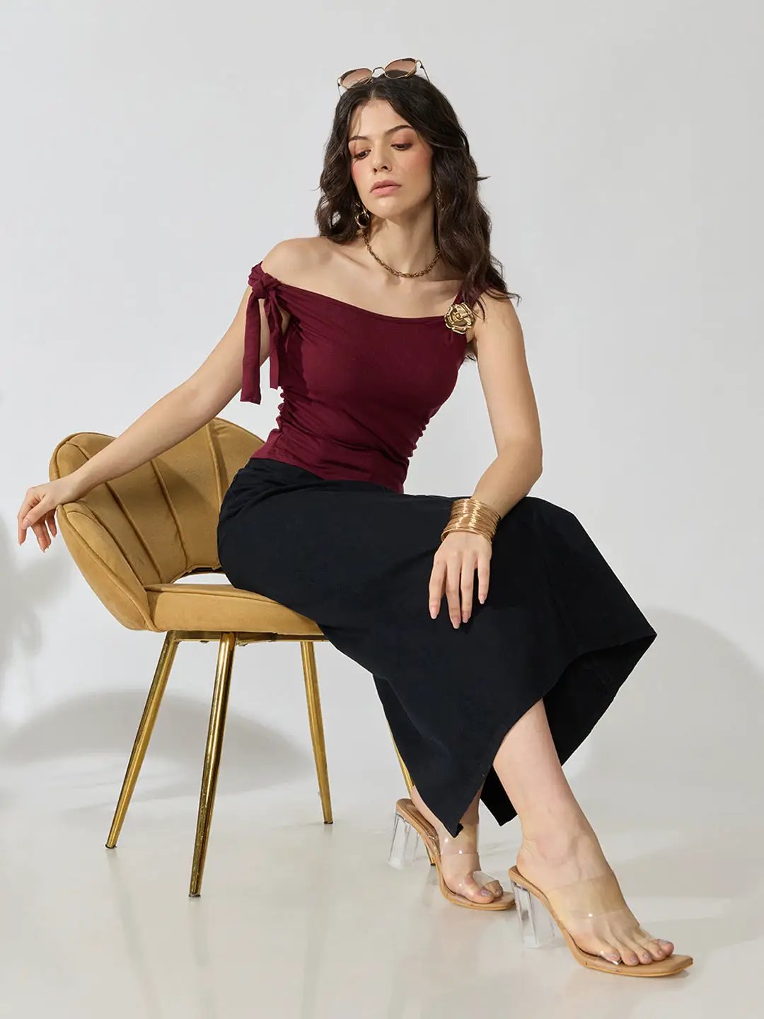 Women's Maroon Ruched Top with Tie-Up Sleeve & Floral Brooch Detail
