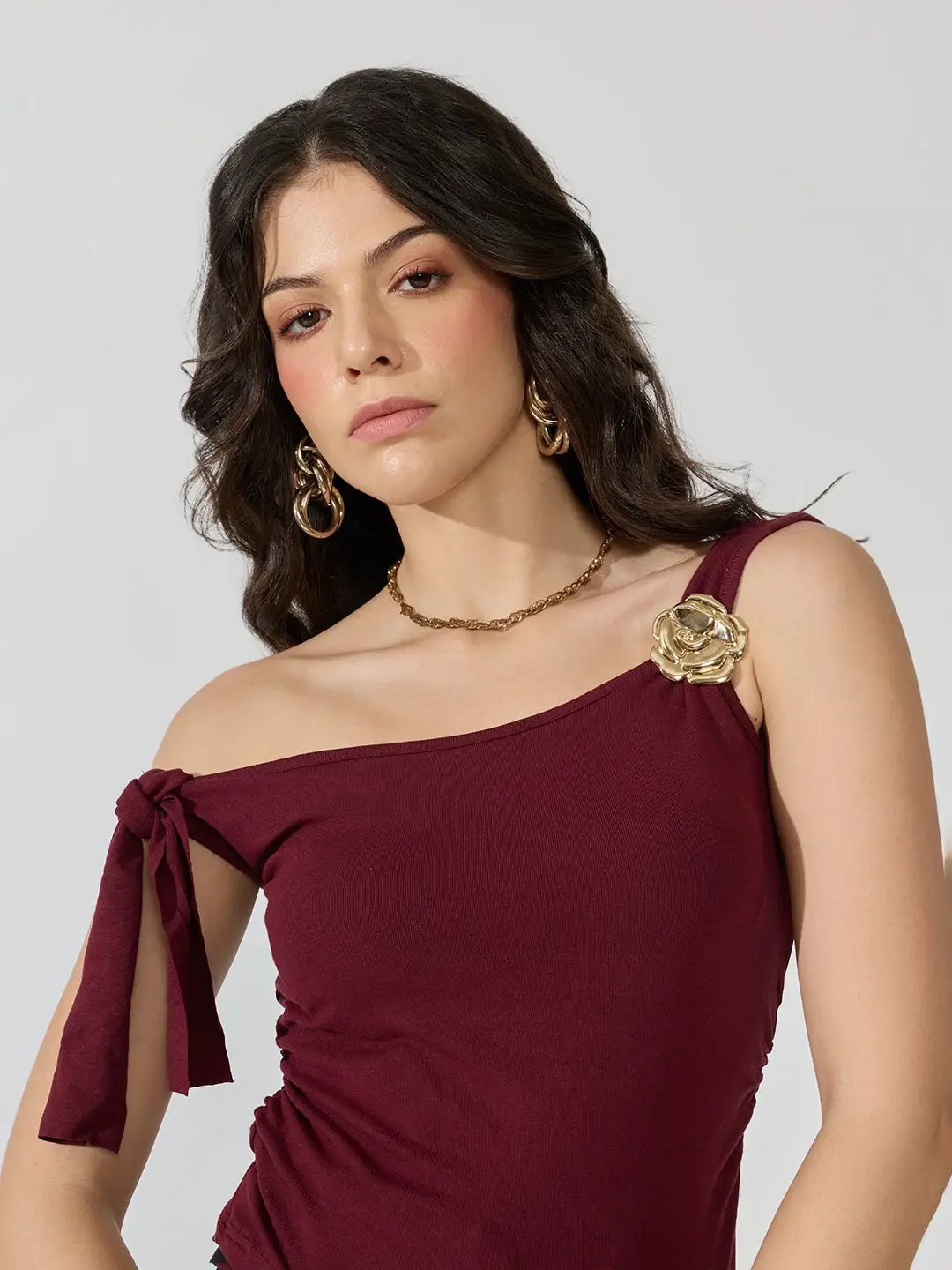 Women's Maroon Ruched Top with Tie-Up Sleeve & Floral Brooch Detail