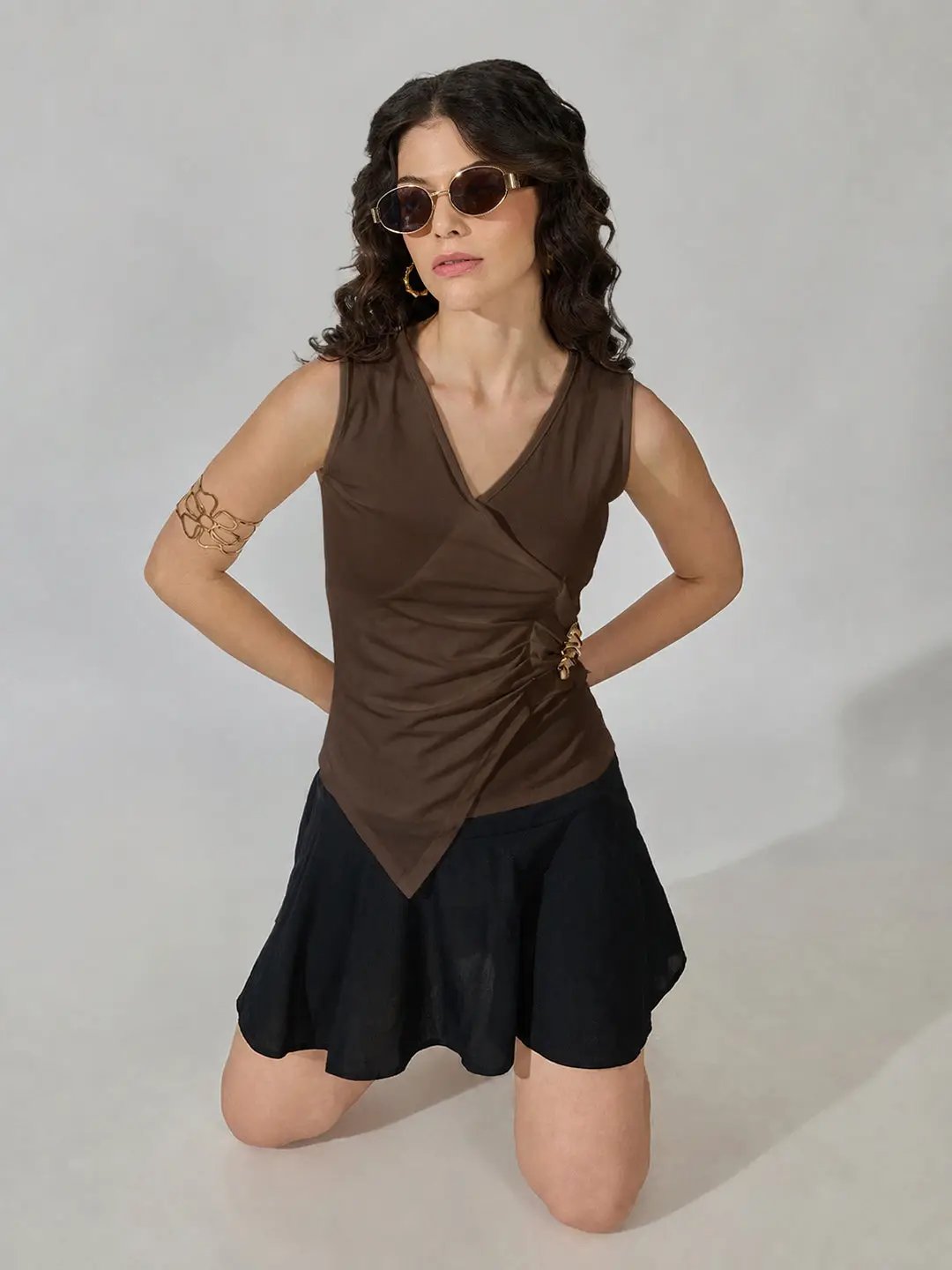 Women's Brown Sleeveless V-Neck Ruched Asymmetric Top with Brooch Detail - from SHOWOFFFF