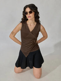 Women's Brown Sleeveless V-Neck Ruched Asymmetric Top with Brooch Detail