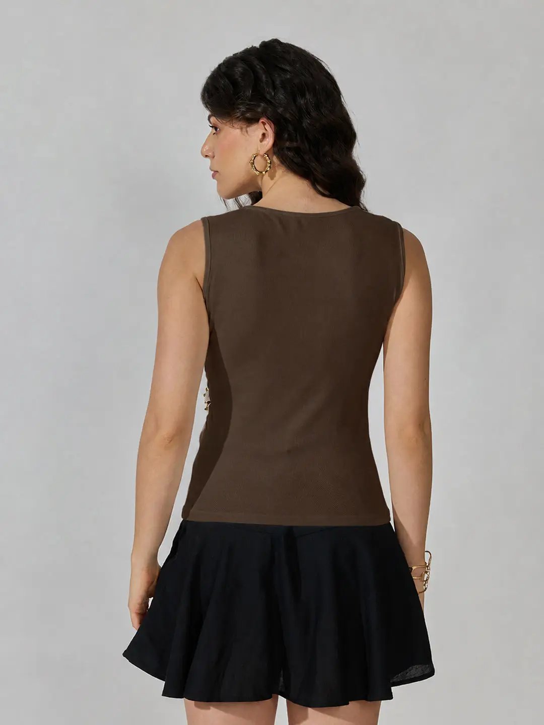 Women's Brown Sleeveless V-Neck Ruched Asymmetric Top with Brooch Detail - from SHOWOFFFF