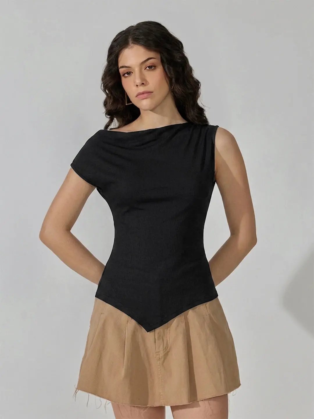 Women's Black Asymmetric Boat Neck Top - from SHOWOFFFF