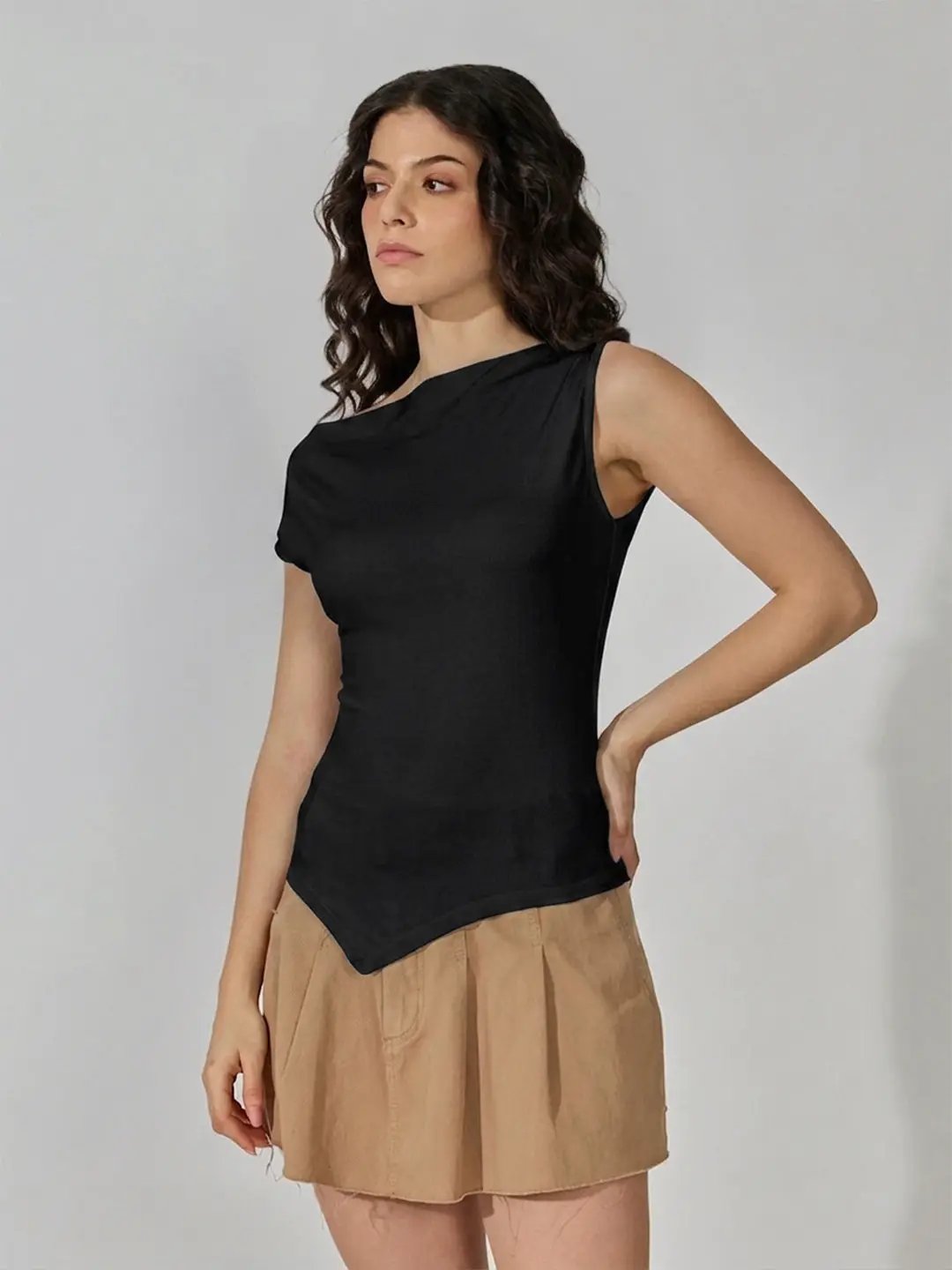 Women's Black Asymmetric Boat Neck Top - from SHOWOFFFF