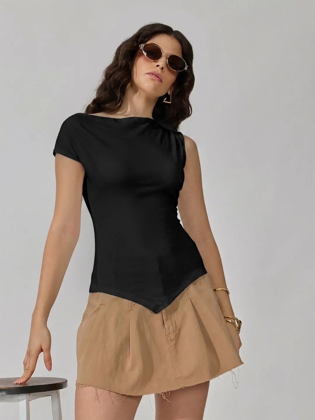 Women's Black Asymmetric Boat Neck Top - from SHOWOFFFF