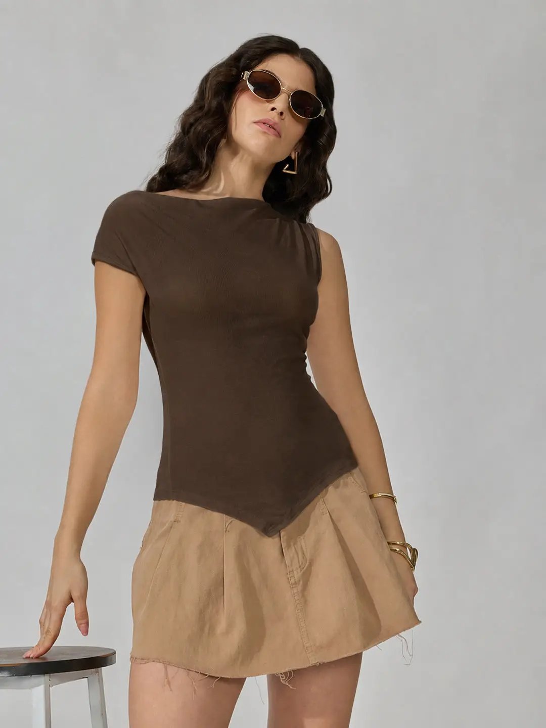 Women's Brown Asymmetric Boat Neck Top - from SHOWOFFFF