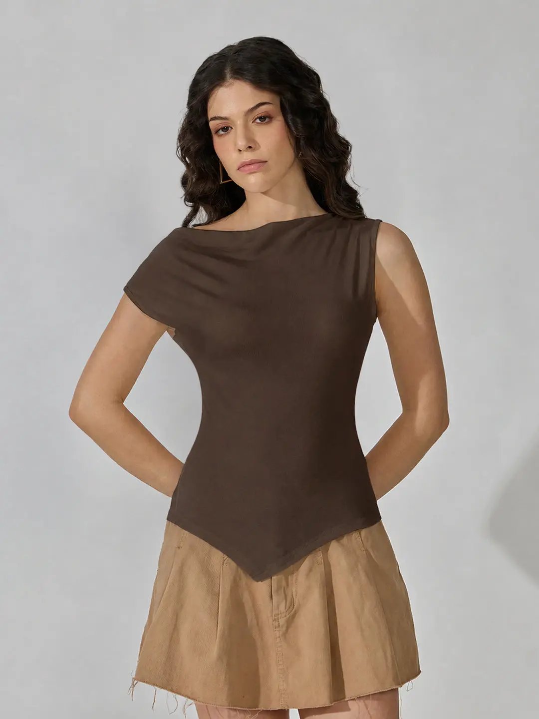 Women's Brown Asymmetric Boat Neck Top - from SHOWOFFFF