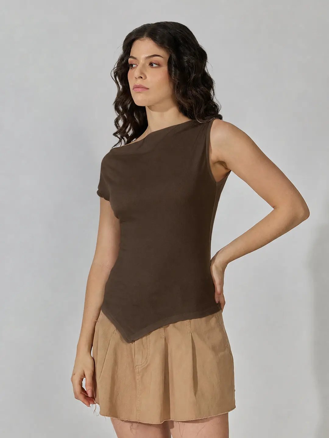 Women's Brown Asymmetric Boat Neck Top - from SHOWOFFFF