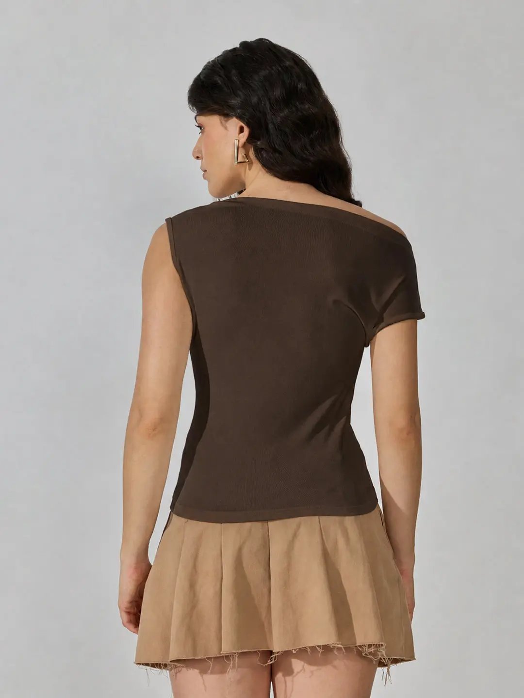 Women's Brown Asymmetric Boat Neck Top - from SHOWOFFFF