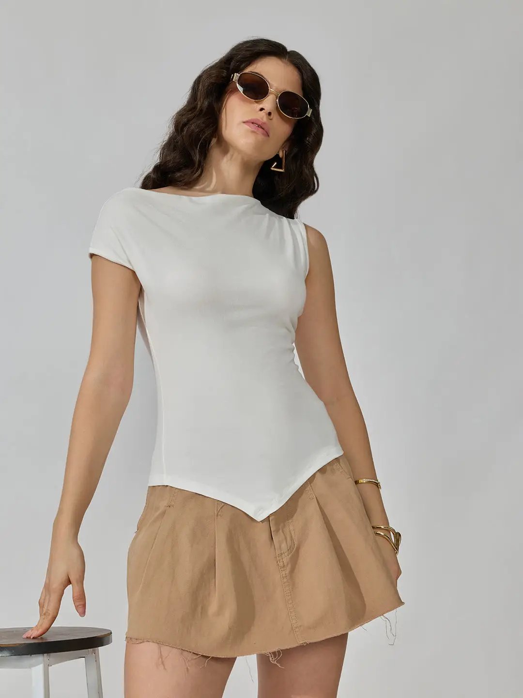 Women's White Asymmetric Boat Neck Top