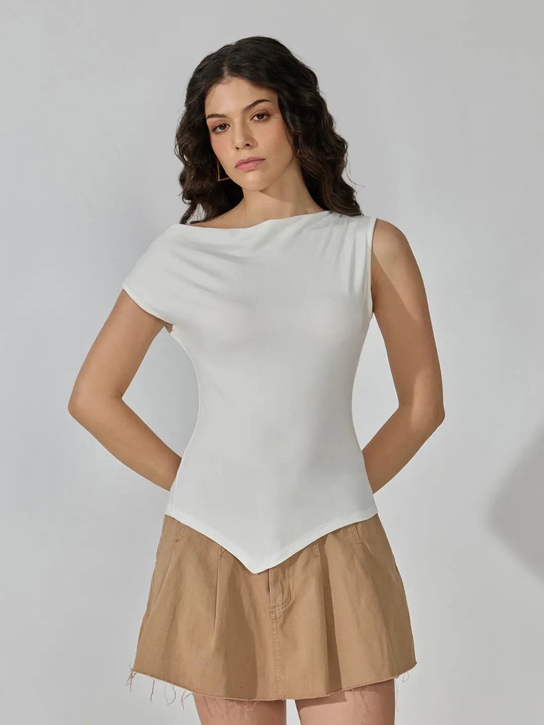 Women's White Asymmetric Boat Neck Top