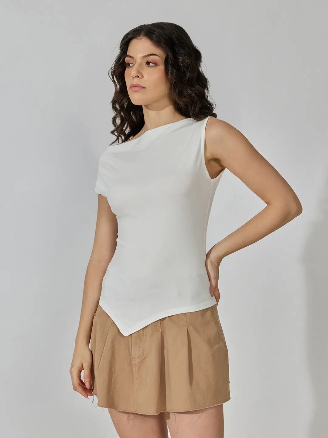 Women's White Asymmetric Boat Neck Top