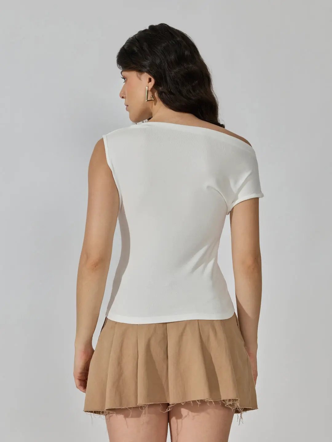 Women's White Asymmetric Boat Neck Top