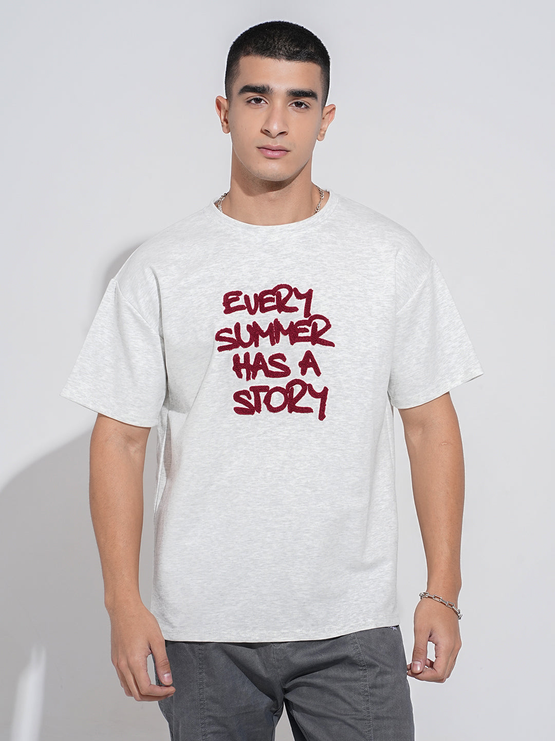 Men's Typography Print Grey Short Sleeves Round Neck Relaxed Fit T-Shirt