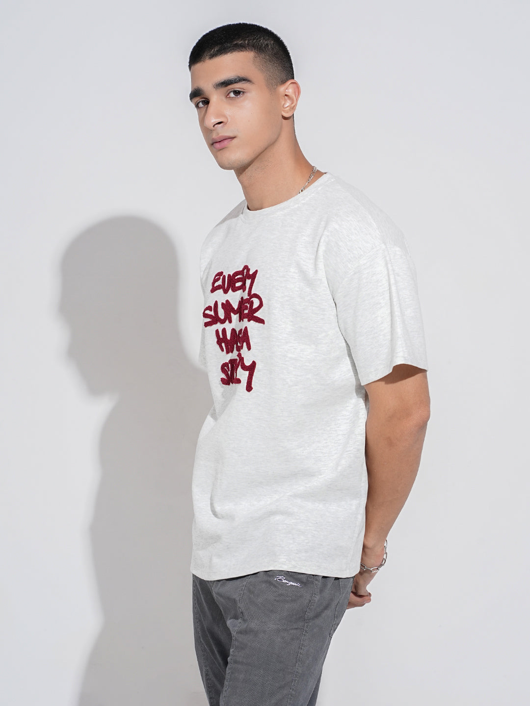 Men's Typography Print Grey Short Sleeves Round Neck Relaxed Fit T-Shirt