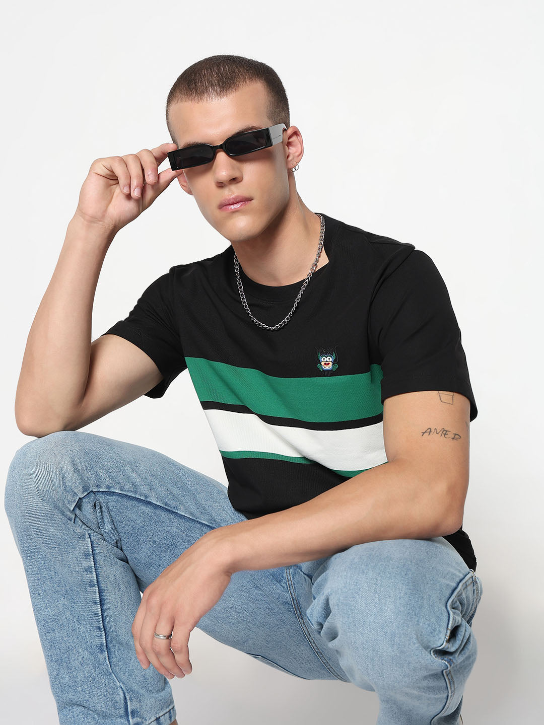 Men's Striped Black Regular Fit T-Shirt