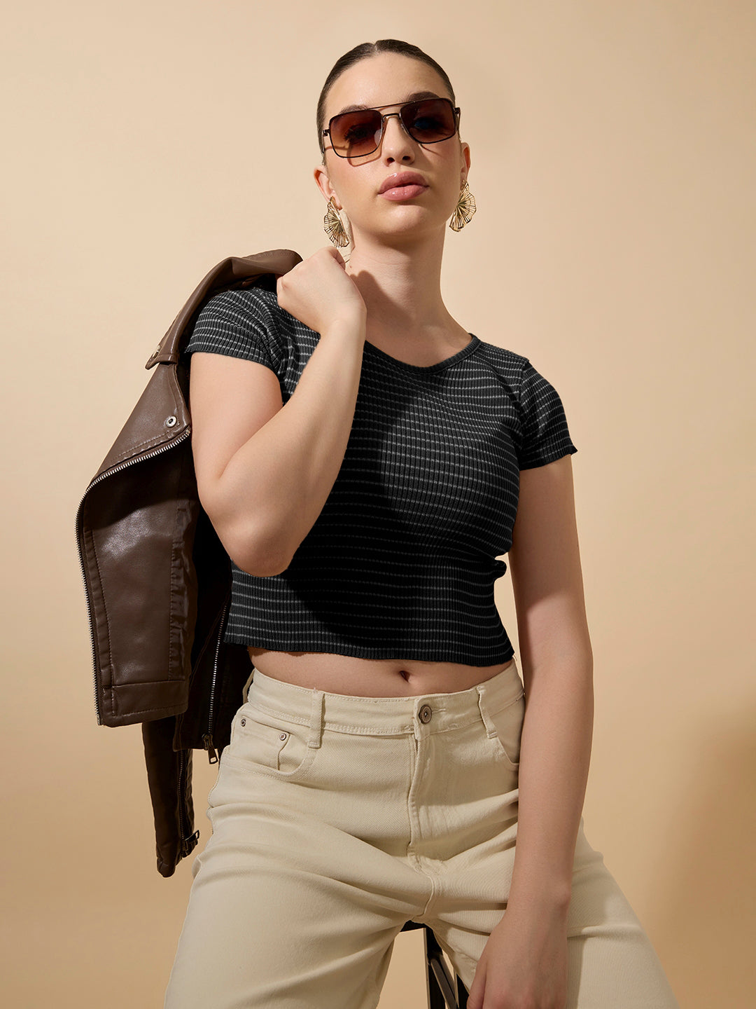 Women's Striped Ribbed Black Short Top with Round Neck