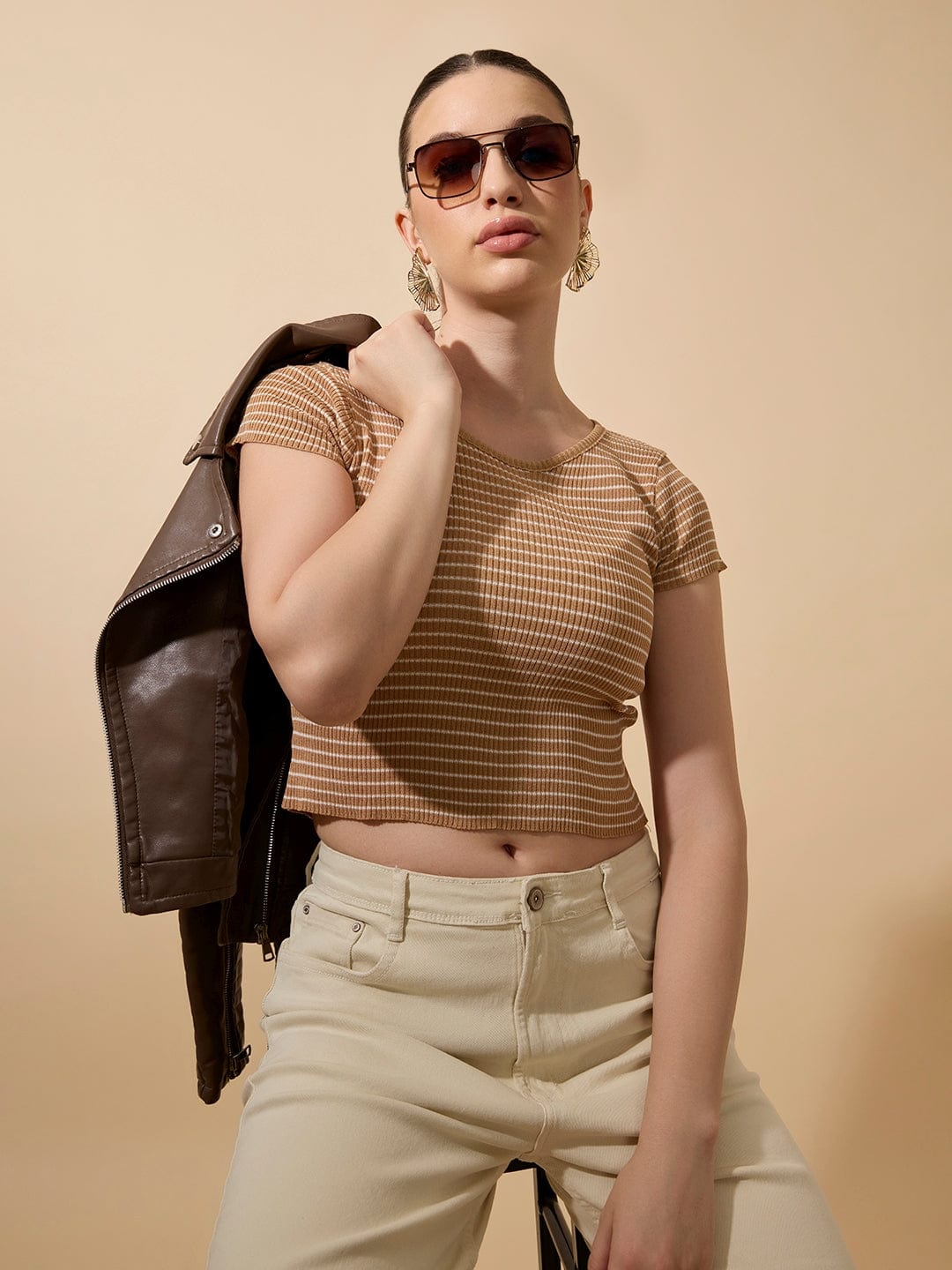 Women's Striped Ribbed Brown Short Top with Round Neck