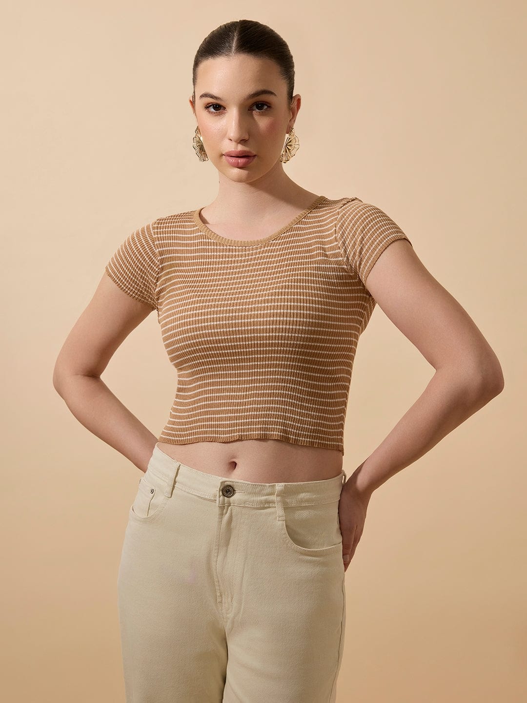 Women's Striped Ribbed Brown Short Top with Round Neck