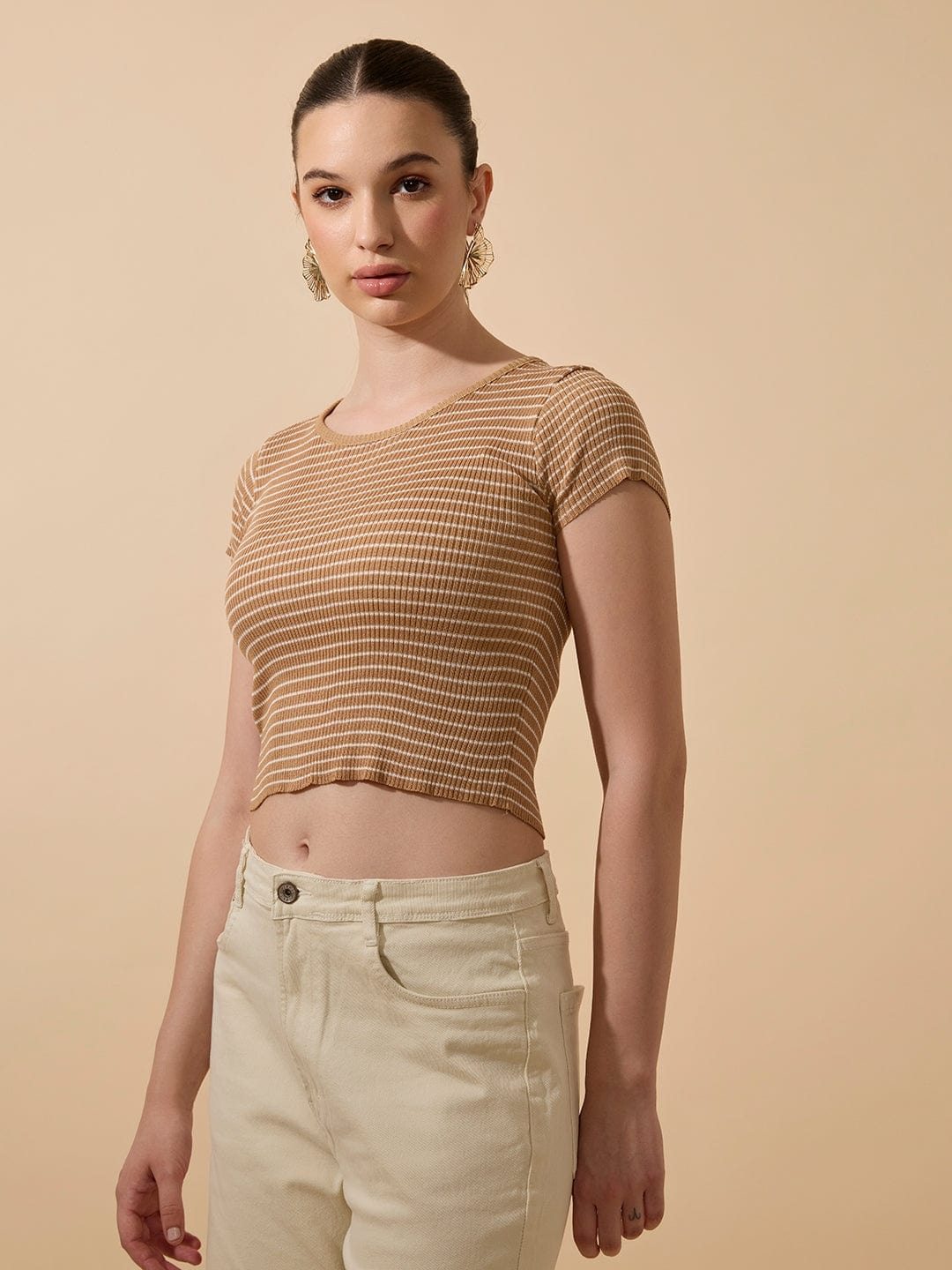 Women's Striped Ribbed Brown Short Top with Round Neck