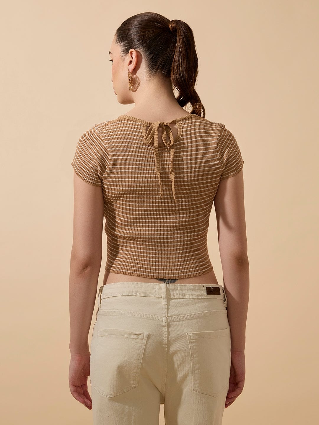 Women's Striped Ribbed Brown Short Top with Round Neck