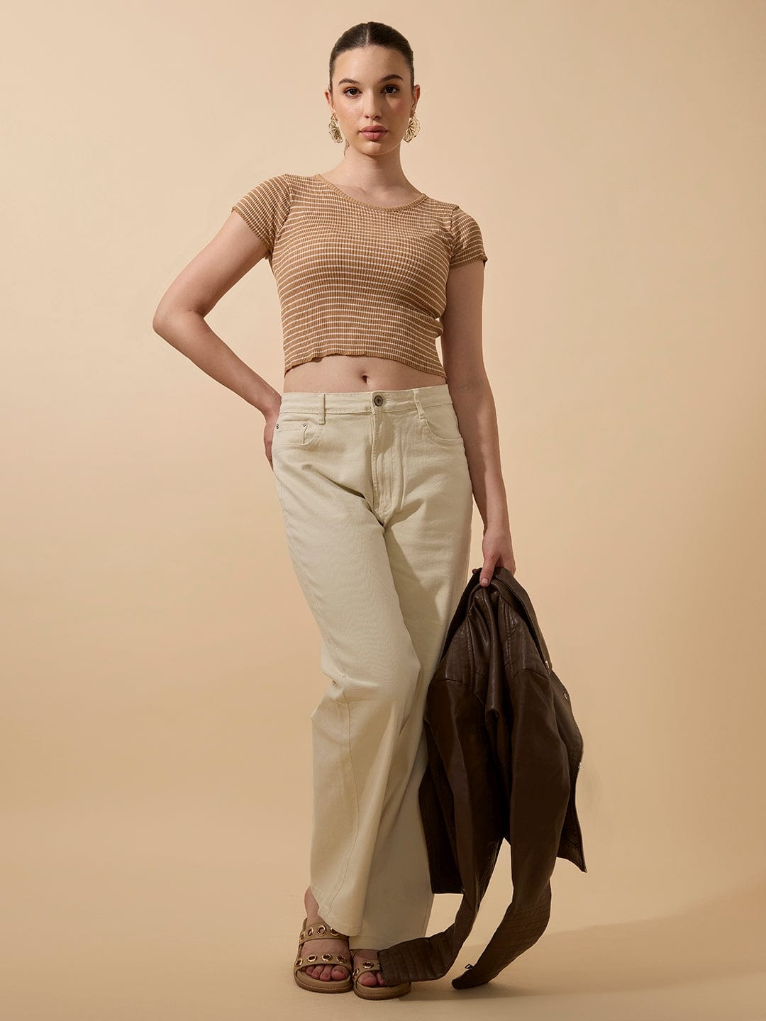 Women's Striped Ribbed Brown Short Top with Round Neck