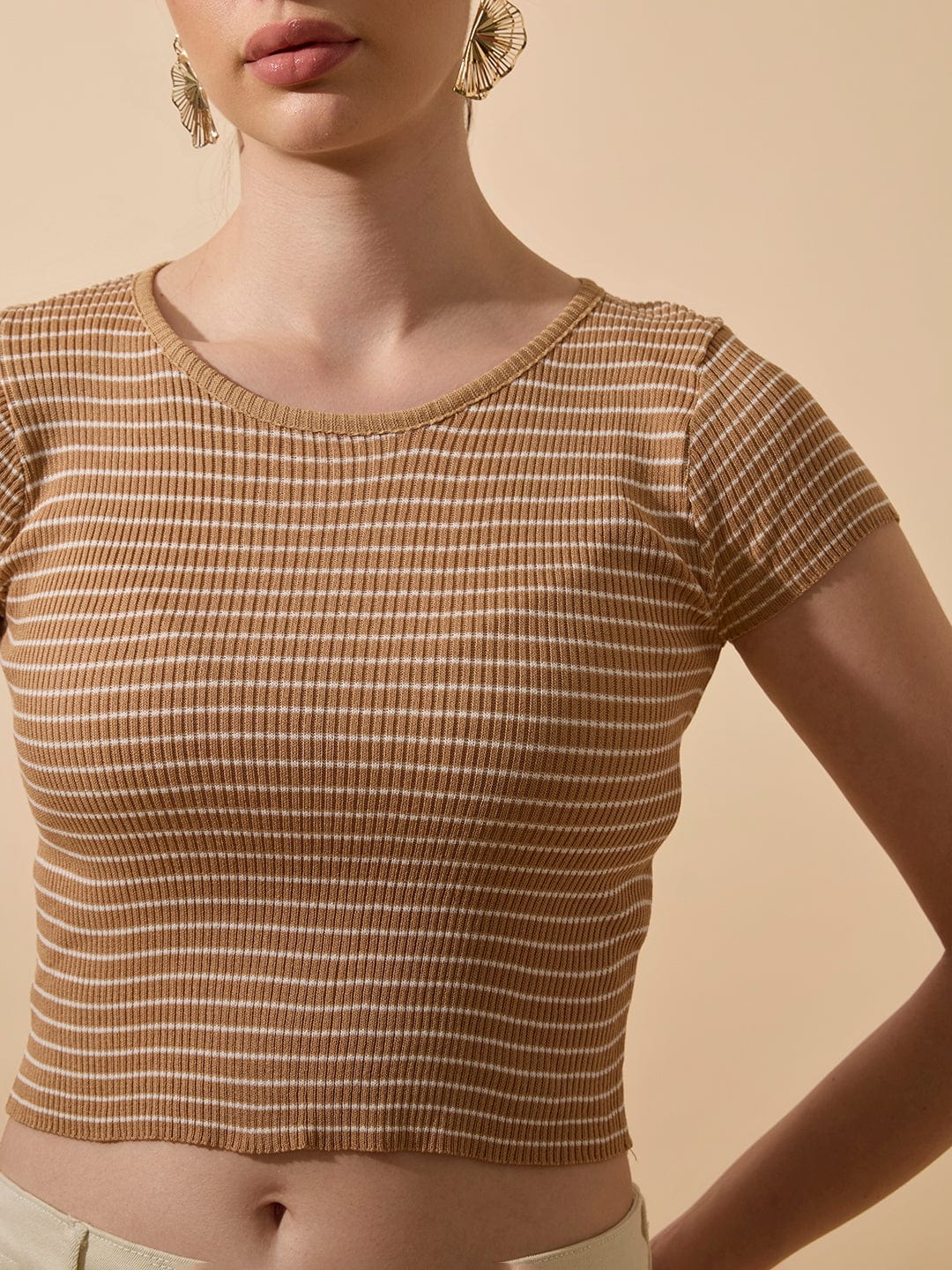 Women's Striped Ribbed Brown Short Top with Round Neck