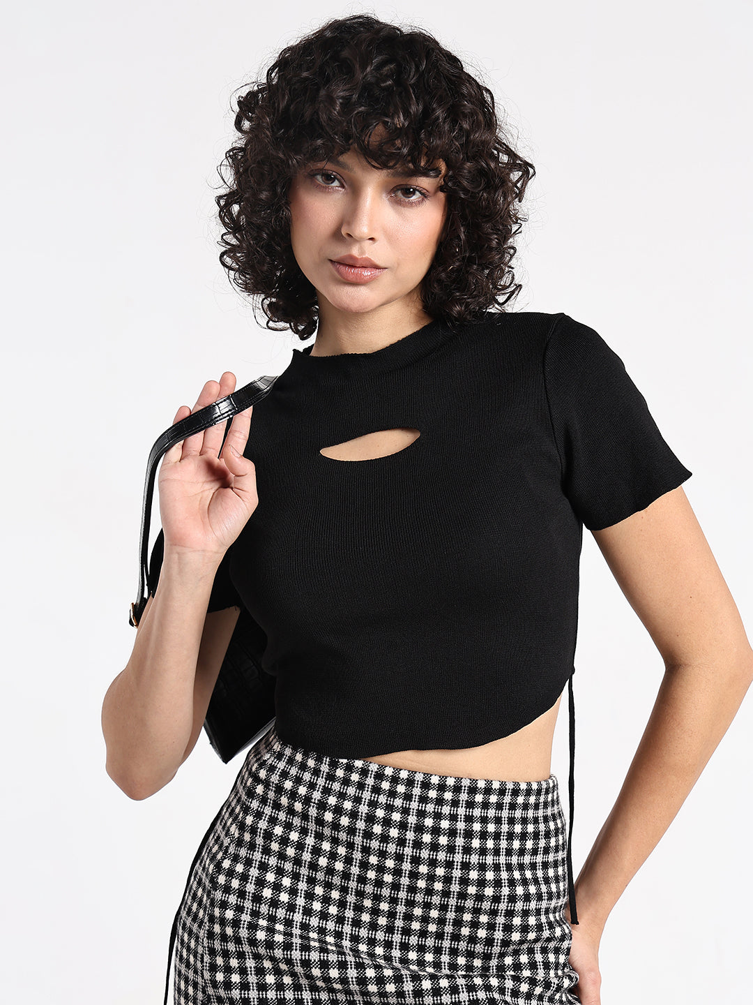 Women's Black Ribbed Short Sleeve Cut-Out Detail Crop Top