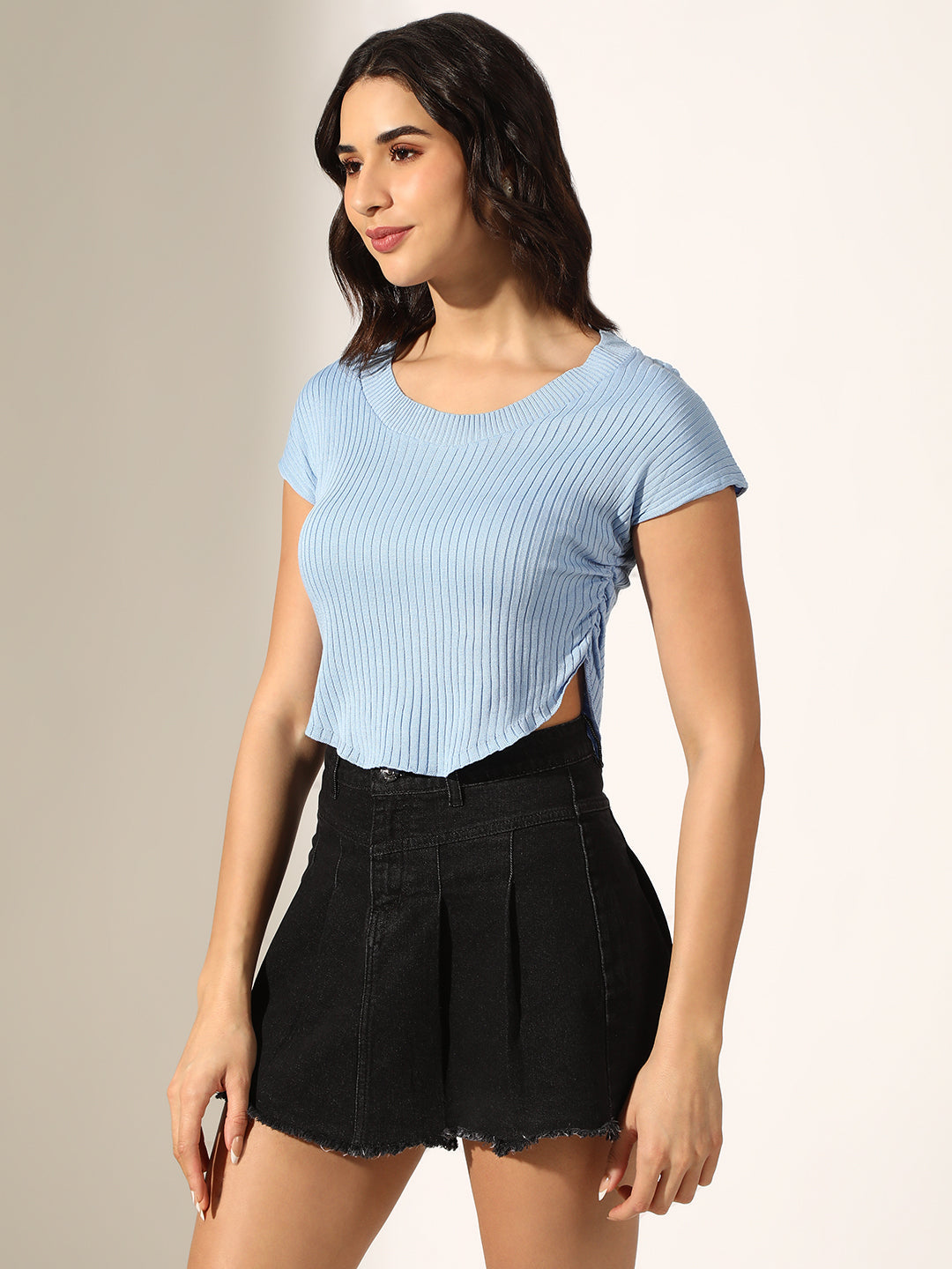 Women's Ribbed Blue Side Ruched Crop Top