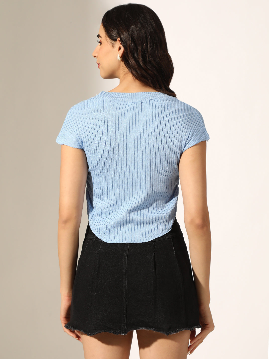 Women's Ribbed Blue Side Ruched Crop Top