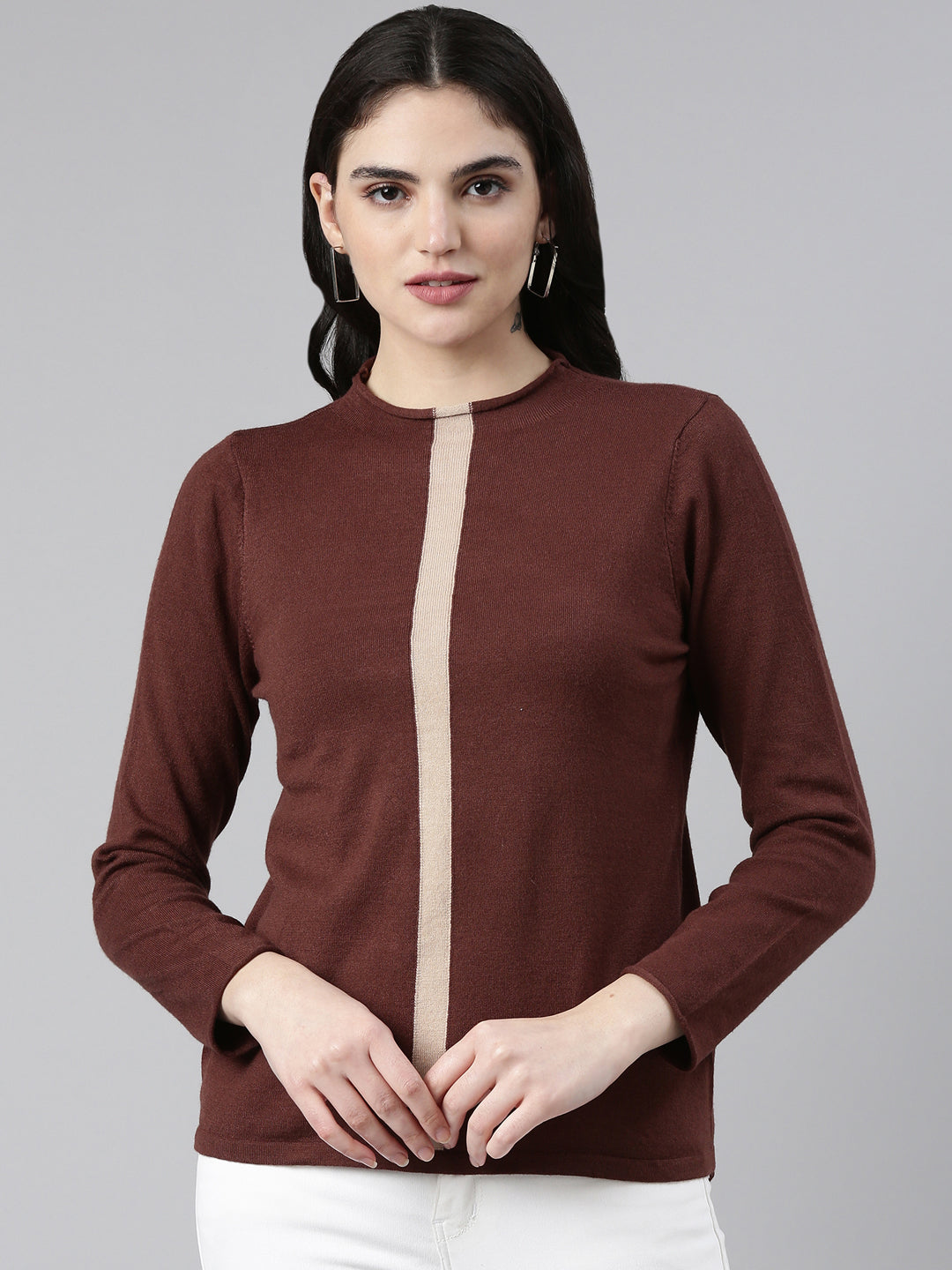 Women High Neck Solid Coffee Brown Top