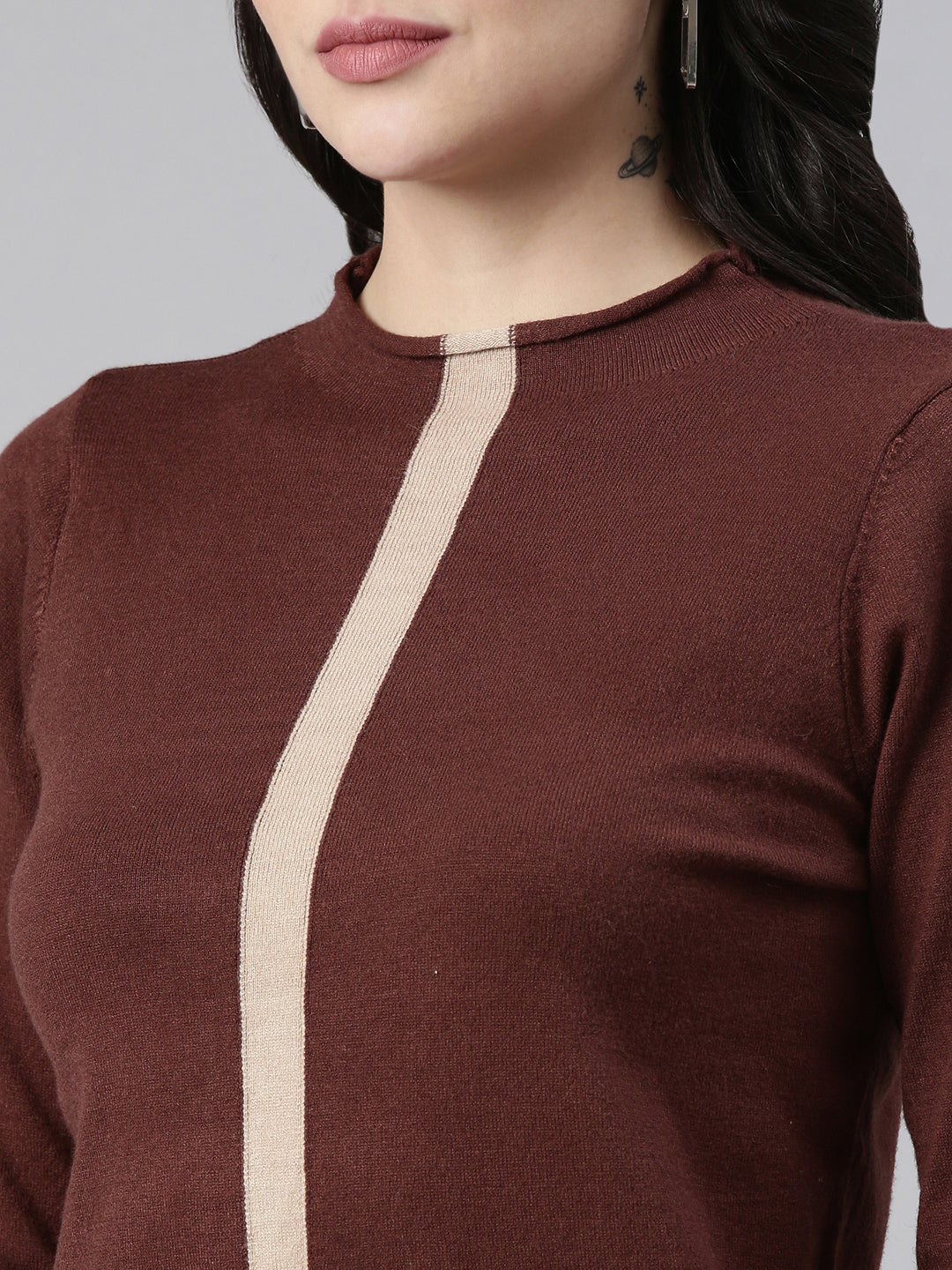 Women High Neck Solid Coffee Brown Top