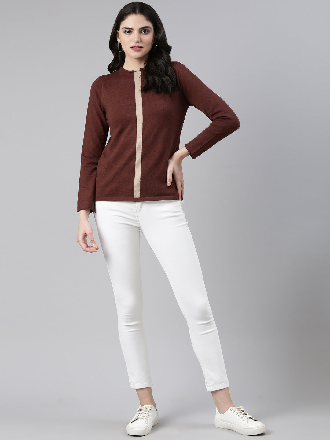 Women High Neck Solid Coffee Brown Top