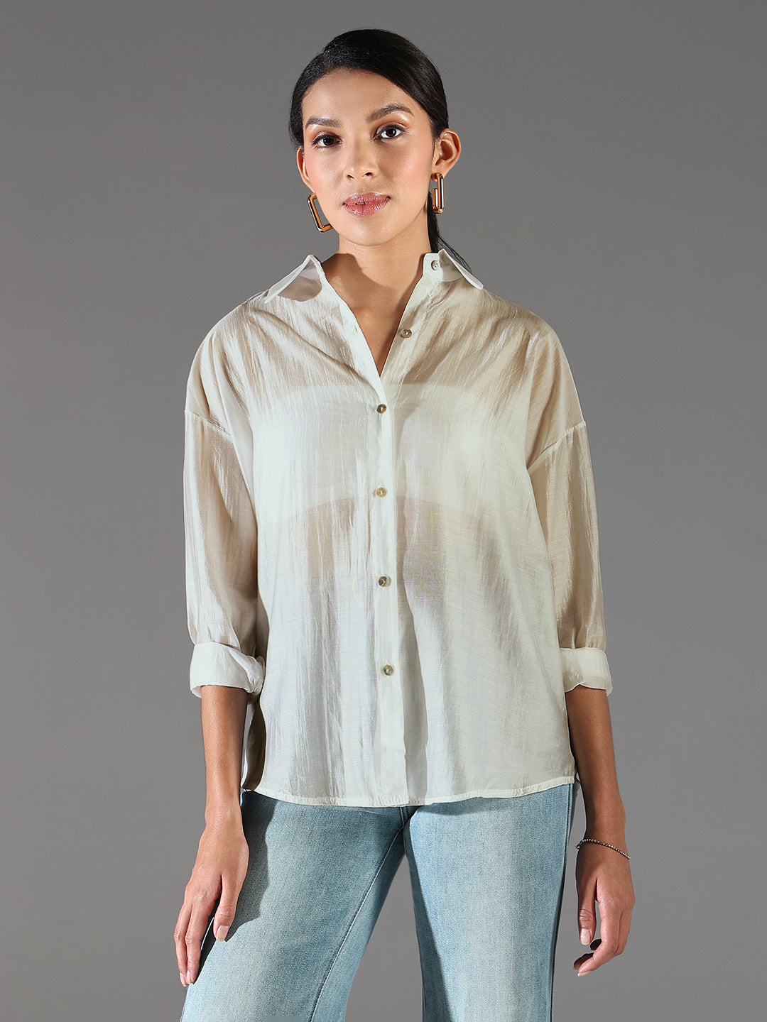 Women Beige Solid Back Slit Oversized Shirt