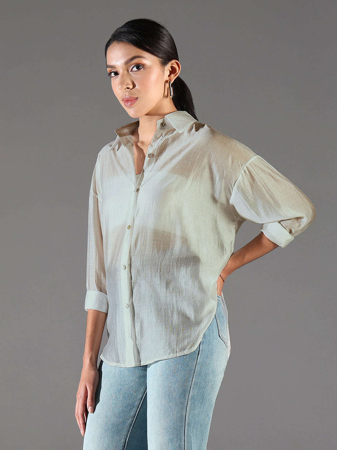 Women Beige Solid Back Slit Oversized Shirt