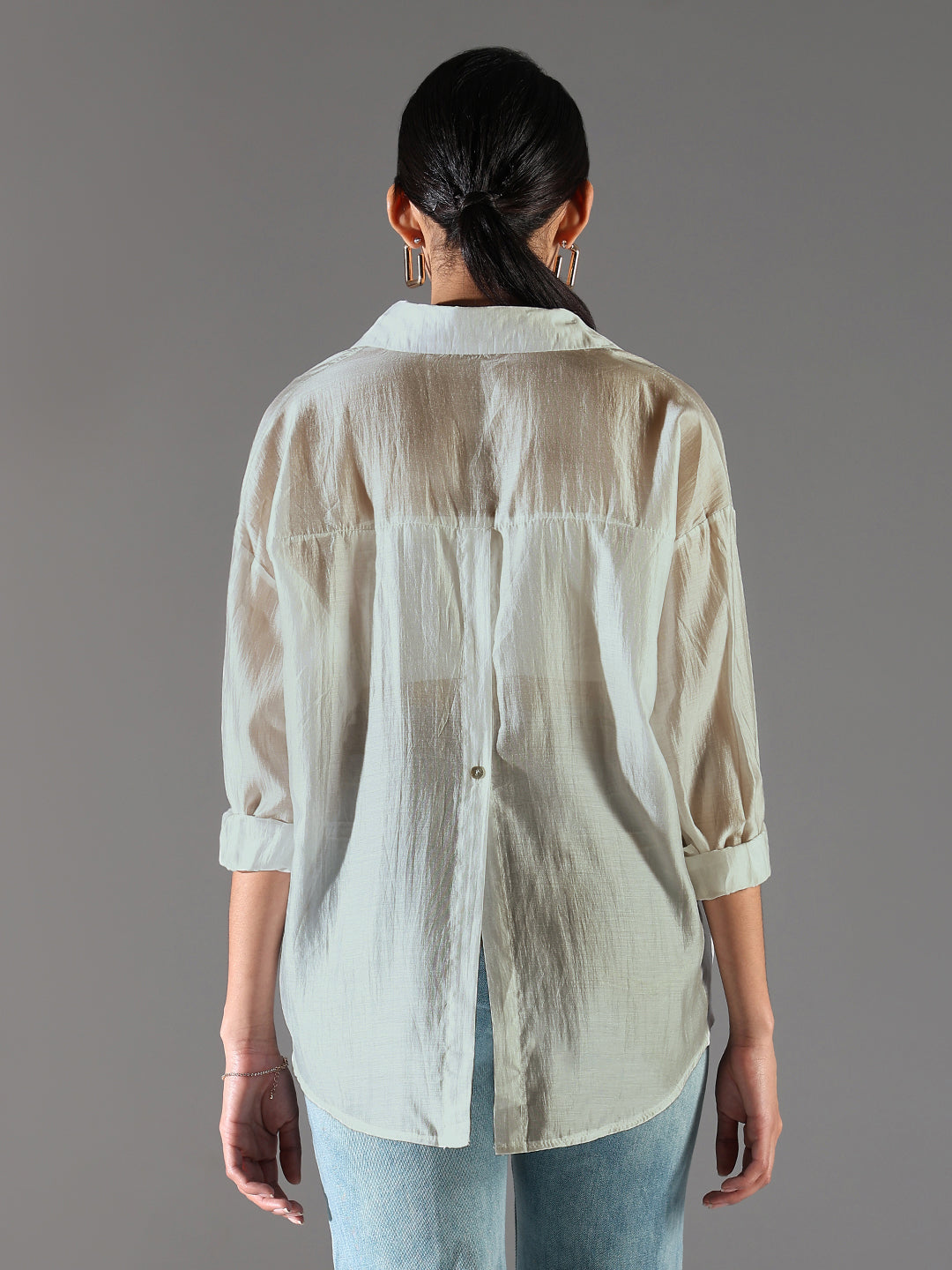 Women Beige Solid Back Slit Oversized Shirt