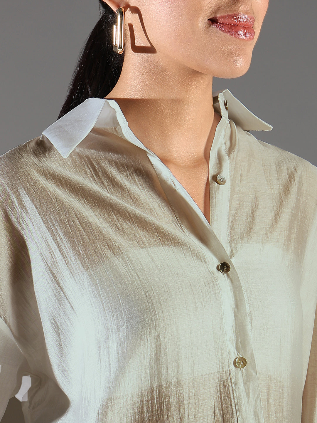 Women Beige Solid Back Slit Oversized Shirt