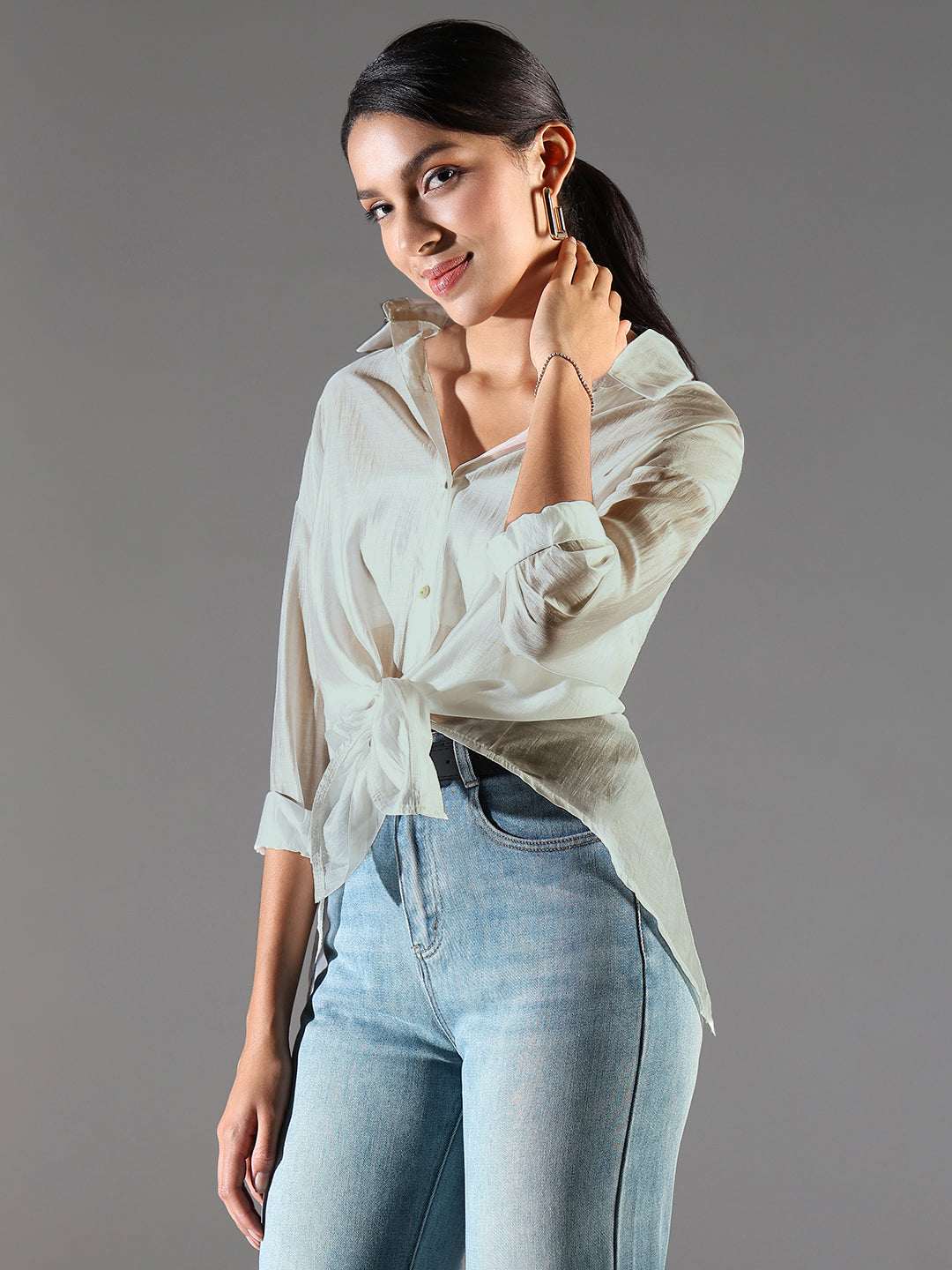 Women Beige Solid Back Slit Oversized Shirt