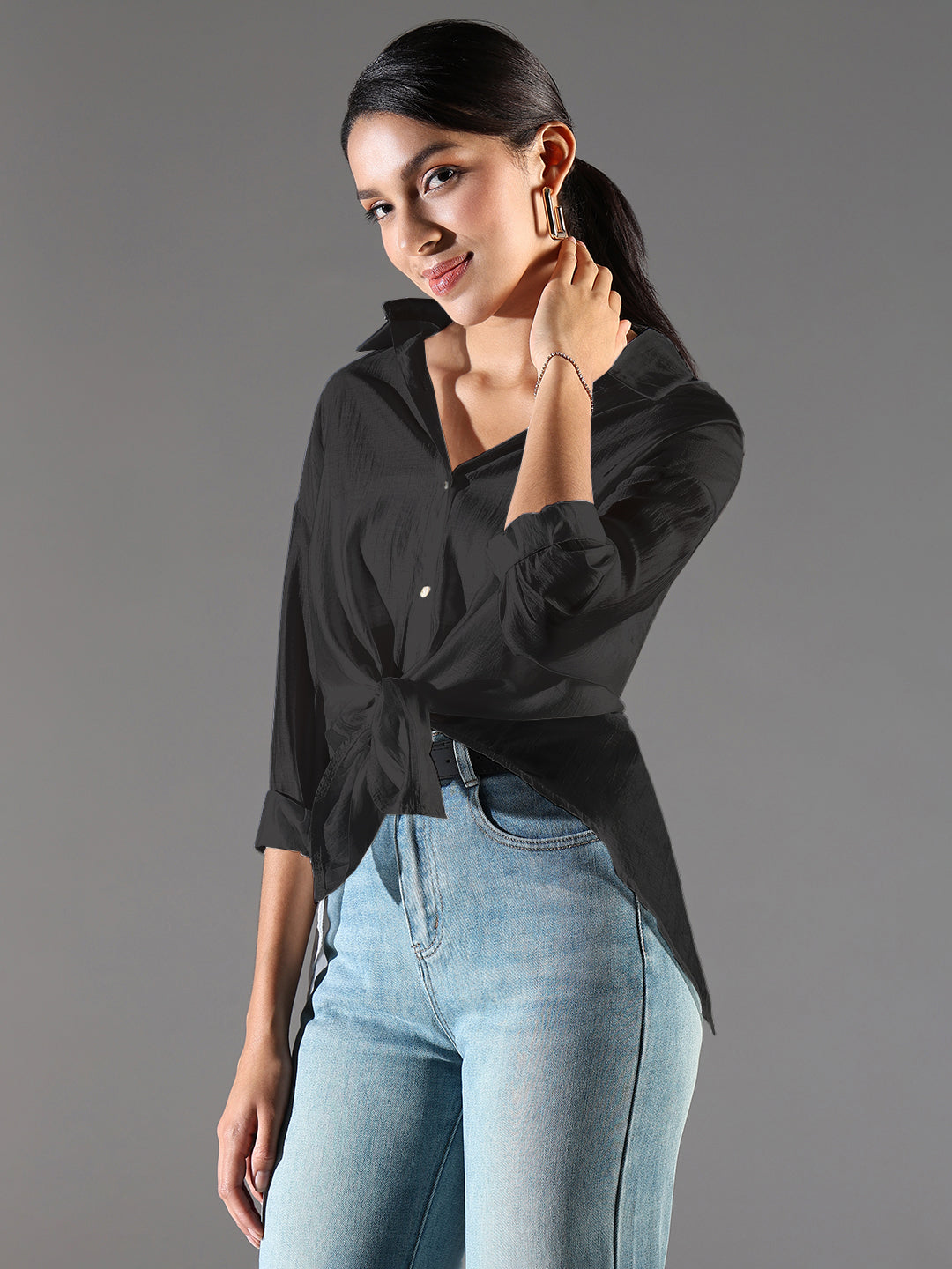 Women Black Solid Oversized Shirt