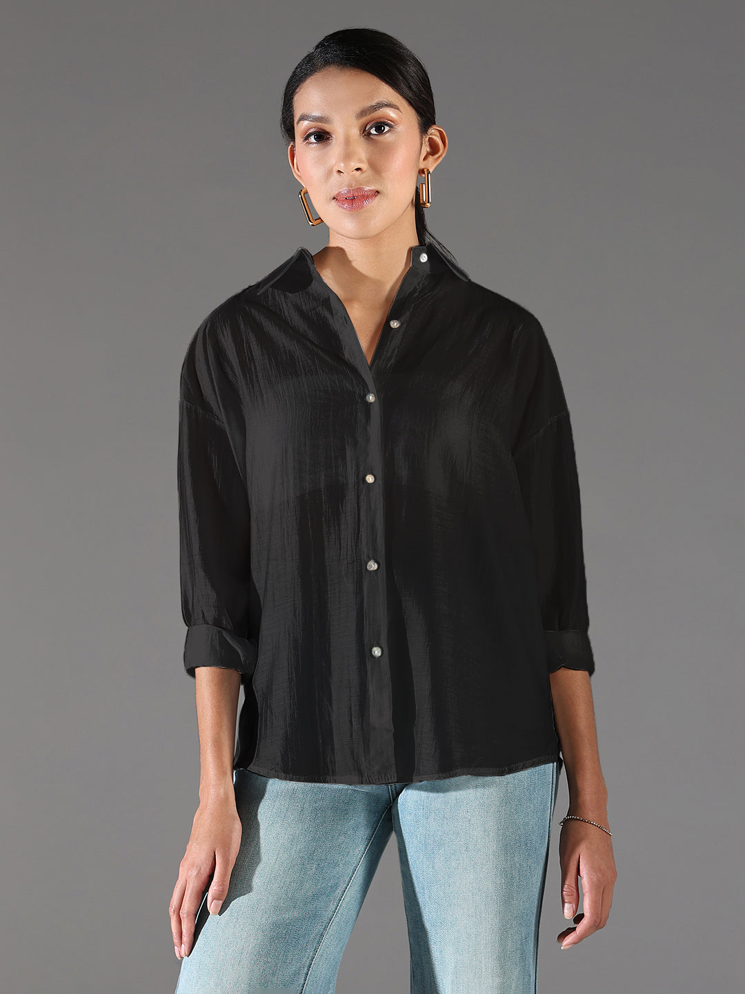 Women Black Solid Oversized Shirt