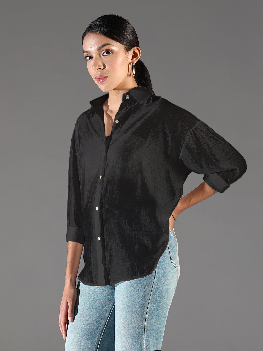 Women Black Solid Oversized Shirt